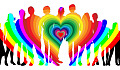 a group of people standing in a rainbowed heart